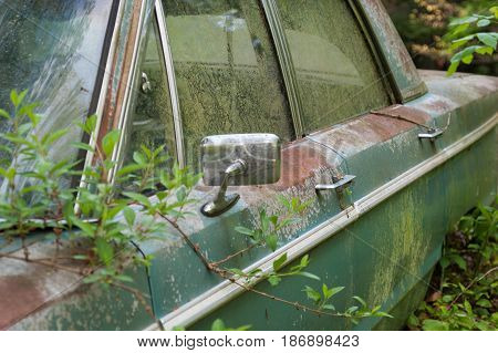 Detail of a rusty green car abandoned by the side of the road
