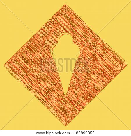 Ice Cream sign. Vector. Red scribble icon obtained as a result of subtraction rhomb and path. Royal yellow background.
