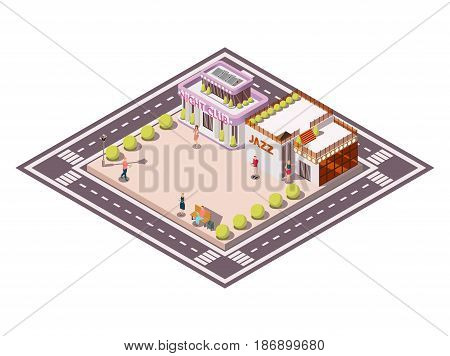 Isometric composition of city square bounded by carriageways with clubhouse jazz buildings garden beds and people vector illustration