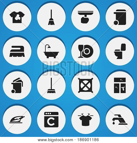 Set Of 16 Editable Cleaning Icons. Includes Symbols Such As Plate, Broomstick, Whisk And More. Can Be Used For Web, Mobile, UI And Infographic Design.