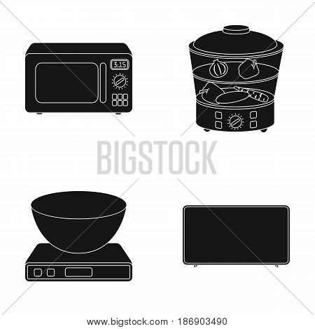 Steamer, microwave oven, scales, lcd tv.Household set collection icons in black style vector symbol stock illustration .