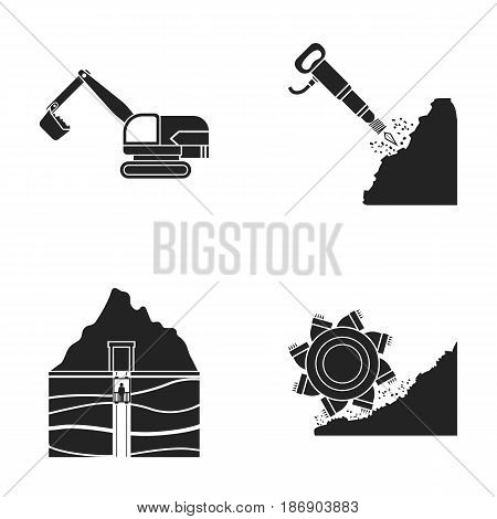 Excavator, tunnel, elevator, coal harvester and other equipment.Mine set collection icons in black style vector symbol stock illustration .