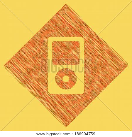 Portable music device. Vector. Red scribble icon obtained as a result of subtraction rhomb and path. Royal yellow background.