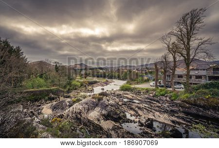 Beautiful rural Irish landscapeas seen from the small bridge in small Sneem town, Ireland