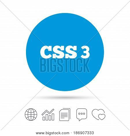 CSS3 sign icon. Cascading Style Sheets symbol. Copy files, chat speech bubble and chart web icons. Vector
