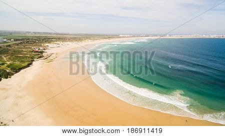Aerial view of surfing in Baleal near Peniche, Portugal