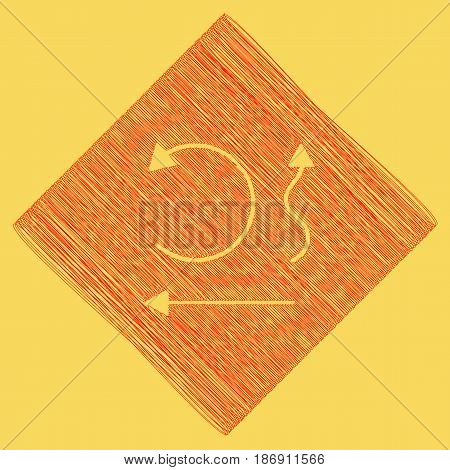 Simple set to Interface Arrows. Vector. Red scribble icon obtained as a result of subtraction rhomb and path. Royal yellow background.