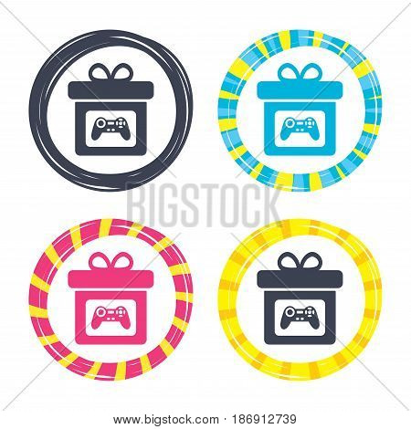 Gift box sign icon. Present with video game joystick symbol. Colored buttons with icons. Poker chip concept. Vector