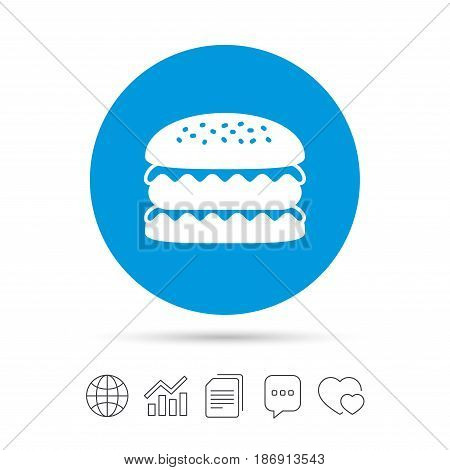 Hamburger icon. Burger food symbol. Cheeseburger sandwich sign. Copy files, chat speech bubble and chart web icons. Vector