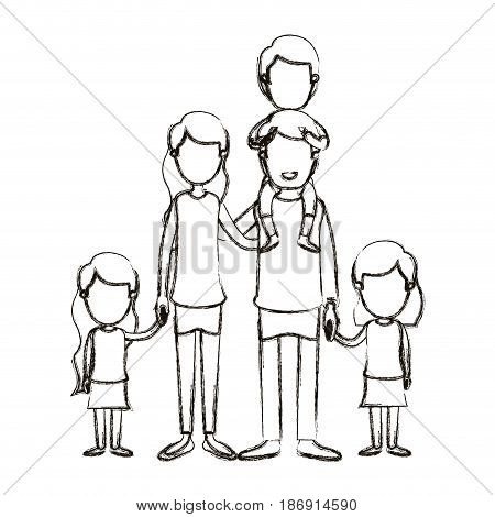 blurred silhouette caricature faceless big family parents with boy on his back and daugthers taken hands vector illustration