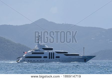 Super yacht motoring through Sir Francis Drake Channel, BVI
