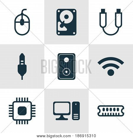 Set Of 9 Computer Hardware Icons. Includes Aux Cord, Chip, Dynamic Memory And Other Symbols. Beautiful Design Elements.