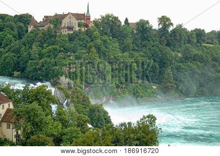 Laufe Castle above the mighty Rhine River and Waterfalls near Schaffhausen Switzerland
