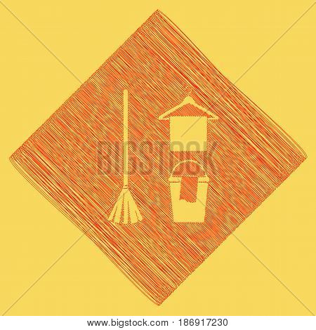 Broom, bucket and hanger sign. Vector. Red scribble icon obtained as a result of subtraction rhomb and path. Royal yellow background.