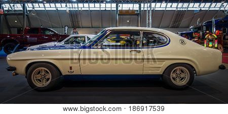 STUTTGART GERMANY - MARCH 03 2017: Mid-size sports car Ford Capri RS2600 1974. Europe's greatest classic car exhibition 
