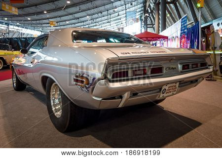 STUTTGART GERMANY - MARCH 03 2017: Muscle Car Dodge Challenger Pro Street 1970. Rear view. Europe's greatest classic car exhibition 