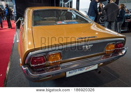 STUTTGART GERMANY - MARCH 03 2017: Executive car Mazda 929 Coupe 1977. Rear view. Europe's greatest classic car exhibition 