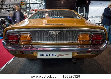 STUTTGART GERMANY - MARCH 03 2017: Executive car Mazda 929 Coupe 1977. Rear view. Europe's greatest classic car exhibition 
