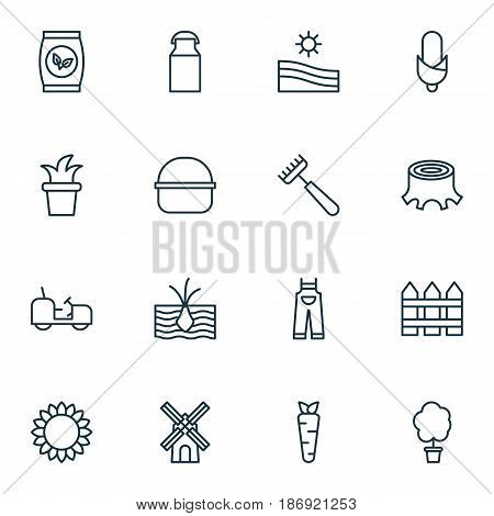 Set Of 16 Gardening Icons. Includes Growing Plant, Wood Pot, Maize And Other Symbols. Beautiful Design Elements.