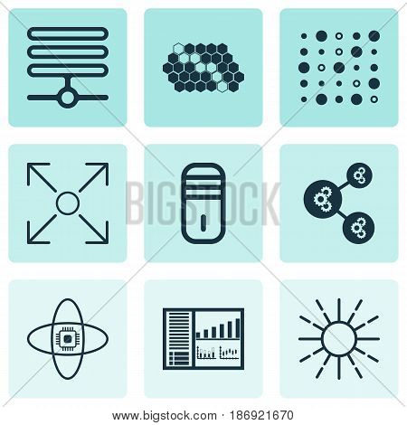 Set Of 9 Machine Learning Icons. Includes Hive Pattern, Algorithm Illustration, Controlling Board And Other Symbols. Beautiful Design Elements.