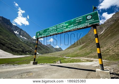 Border sign at the beautiful mountain view on the way to Rangdum Kashmir state India.