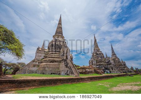 Ruins Of Buddha Statues And Pagoda Of Wat Phra Si Sanphet In Ayutthaya Historical Park, Thailand