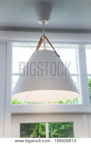 Modern Room Interior Decorated With White Lamp stock photo