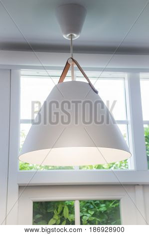 Modern Room Interior Decorated With White Lamp stock photo