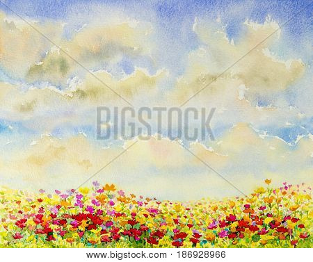 Watercolor flowers painting original colorful of mexican diasy flowers in sky and cloud background