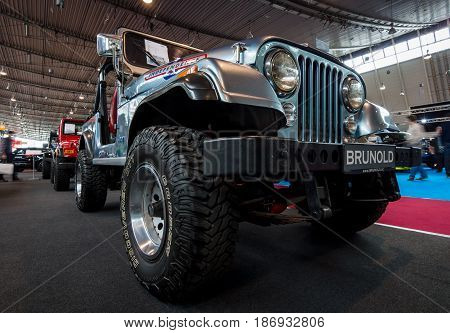 STUTTGART GERMANY - MARCH 03 2017: Compact sport utility vehicle Jeep CJ7 1980. Europe's greatest classic car exhibition 