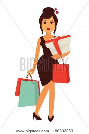 Woman with topknot, dressed in skinny brown dress and stiletto shoes holds colorful shopping bags and box with red ribbon isolated vector illustration on white background. Lady on shopping concept
