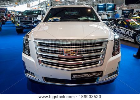 STUTTGART GERMANY - MARCH 03 2017: Full-size luxury SUV Cadillac Escalade Platinum 2017. Europe's greatest classic car exhibition 