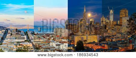 Day To Night Timelapse Timeslice San Franciso Panorama With Full Moon