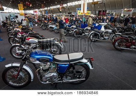 STUTTGART GERMANY - MARCH 03 2017: Exhibition pavilion with various motorcycles. Europe's greatest classic car exhibition "RETRO CLASSICS"