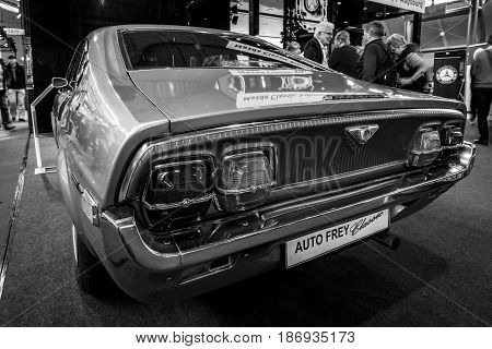 STUTTGART GERMANY - MARCH 03 2017: Executive car Mazda 929 Coupe 1977. Rear view. Black and white. Europe's greatest classic car exhibition "RETRO CLASSICS"