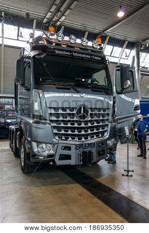 STUTTGART GERMANY - MARCH 03 2017: Heavy duty truck Mercedes-Benz Arocs SLT 4163 2016. Europe's greatest classic car exhibition 