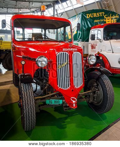 STUTTGART GERMANY - MARCH 03 2017: Tractor unit Huerlimann D800 Industrie 1968. Europe's greatest classic car exhibition 
