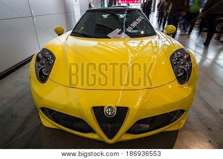 STUTTGART GERMANY - MARCH 03 2017: Sports car Alfa Romeo 4C Spider (Type 960) 2015. Europe's greatest classic car exhibition 