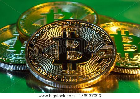 Cryptocurrency Physical Golden Bitcoin Coin On Colorful Background