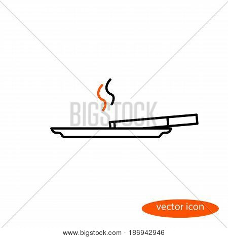 Simple vector image of a thin line of cigarettes with orange smoke lying on a saucer a flat linear icon.