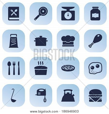 Set Of 16 Culinary Icons Set.Collection Of Non-Stick, Weighing Machine, Jar And Other Elements.
