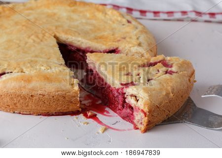 Fresh Homemade Cherry Pie On A White Background. Juicy Piece Of Cherry Pie.