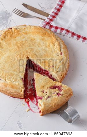 Fresh Homemade Cherry Pie On A White Background. Juicy Piece Of Cherry Pie.