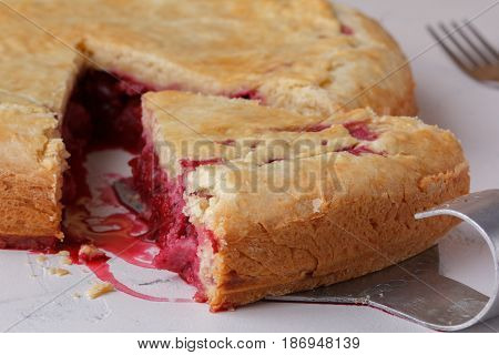 Fresh Homemade Cherry Pie On A White Background. Juicy Piece Of Cherry Pie.