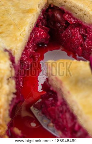 Fresh Home-made Cherry Pie. A Juicy Piece Of Cherry Pie. Slice Of Pie With Pulp Of Cherry. Macro.