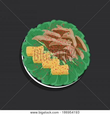 Noodles, soup, water, bowl, cuisine, green, pepper, red, yellow, white, meat, chiken