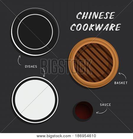 Cartoon vector illustration with chinese dishes for asian food on gray background