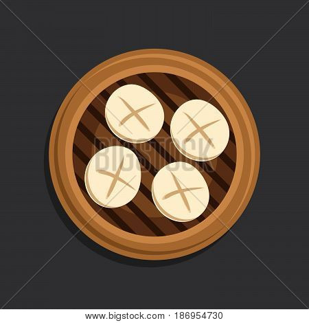 Cartoon vector illustration of chinese steam bread, pork bum sum on a bamboo tray