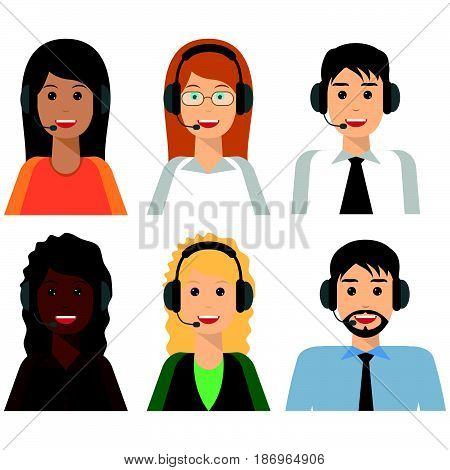 6 characters Call center agents flat avatars. Live chat operators guys and girls smiling faces. Online customer support service assistants with headphones.