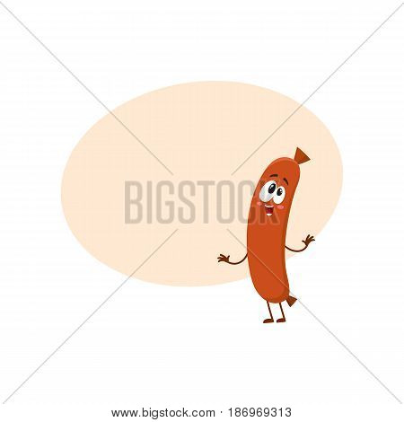 Cute and funny sausage character with human face showing awe, admiring something, cartoon vector illustration with space for text. Sausage character, mascot, looking at something with awe